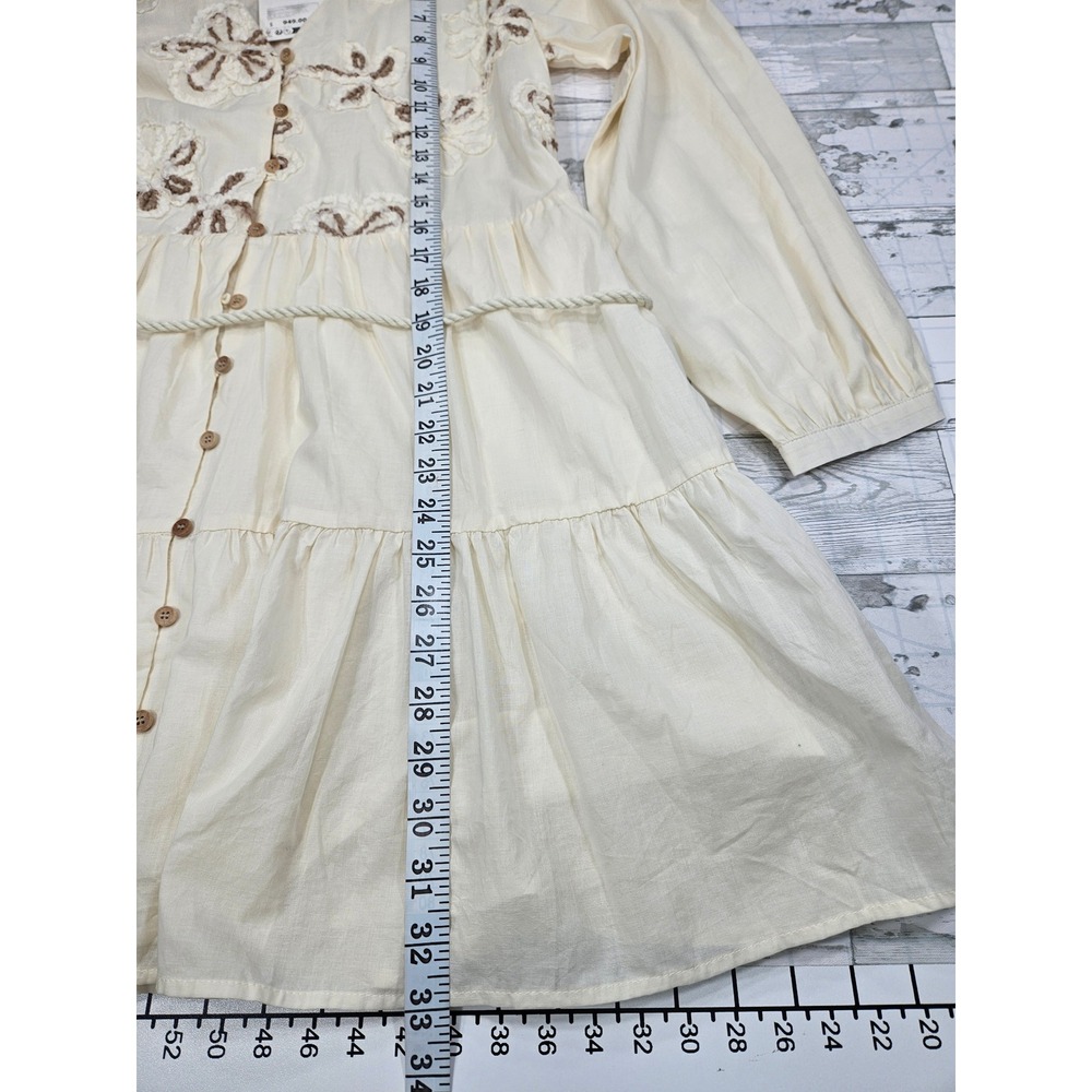 Zara Women Cream Embroidered Floral Mini Dress V-Neck Tassel Belt Size S - Picture 5 of 7